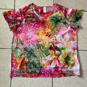 Time and Tru Tropical Floral Blouse Womens 3XL Pink Green Excellent Rhinestone